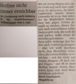 Forderung nach Geldstrafe für Impfschwänzer! 05.07.2021 (gedruckt) Forderung nach Geldstrafe für Impfschwänzer! 05.07.2021 (gedruckt)