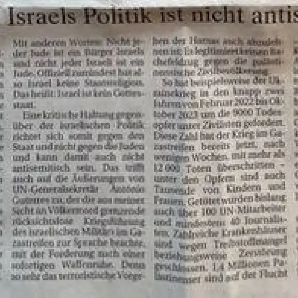 Kritik an Israels Politik nicht antisemitisch (gedruckt) Ⓚ